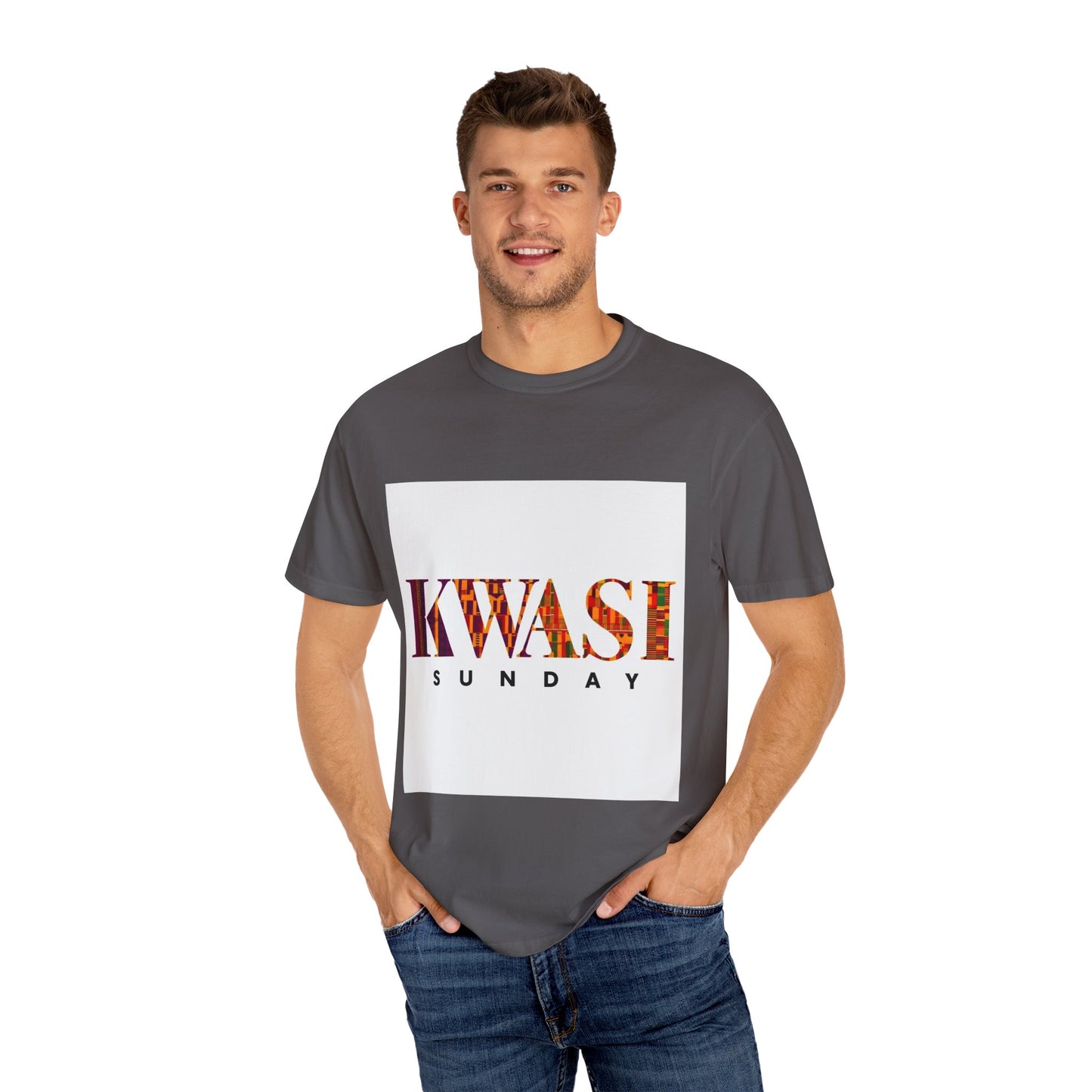 Kwasi Sunday Garment-Dyed Unisex T-Shirt, Vibrant African Print Tee, Casual Wear, Gift for Culture Enthusiasts, Celebration Apparel