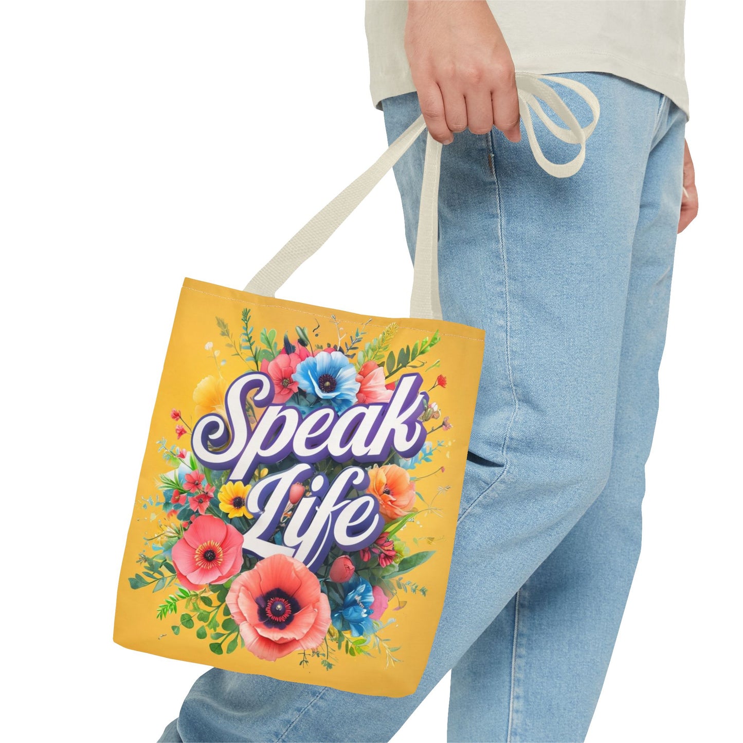 Vibrant Floral Tote Bag - Speak Life, Eco-Friendly Shopping Bag, Gift for Her, Beach Bag, Inspirational Quote Accessory