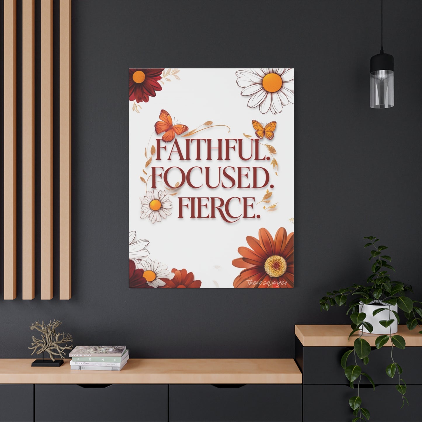 Inspirational Wall Art Canvas, Faithful Focused Fierce Decor, Motivational Gift, Home Office Wall Decor, Floral Design Art