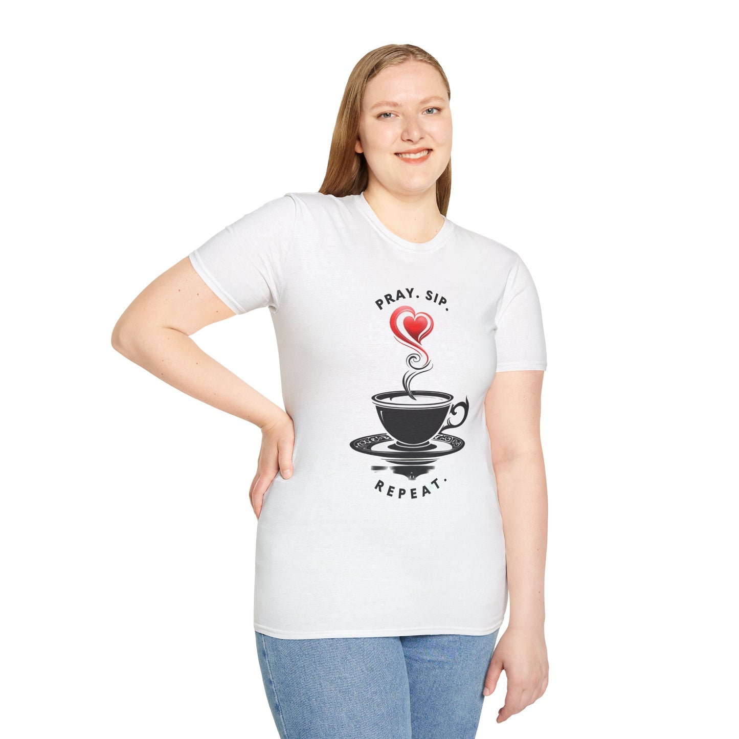 Inspirational Coffee T-Shirt, Pray Sip Repeat Tee, Unisex Softstyle Shirt, Gift for Coffee Lovers, Relaxed Everyday Wear