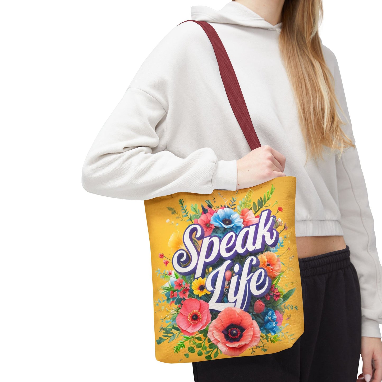 Vibrant Floral Tote Bag - Speak Life, Eco-Friendly Shopping Bag, Gift for Her, Beach Bag, Inspirational Quote Accessory