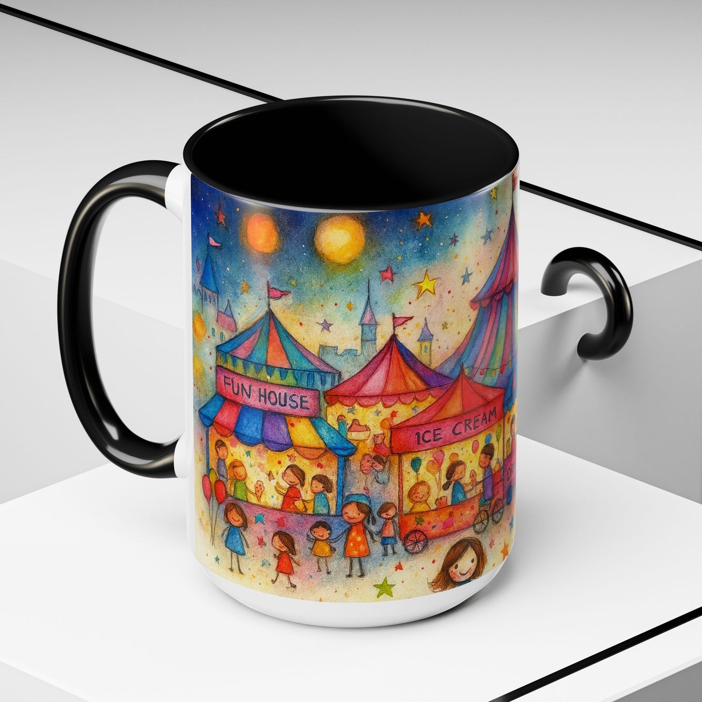 Whimsical Carnival Mug with Colorful Fairground Design, Perfect for Coffee Lovers, Gifts for Festivals, Cute Art Mug, Tea Cup