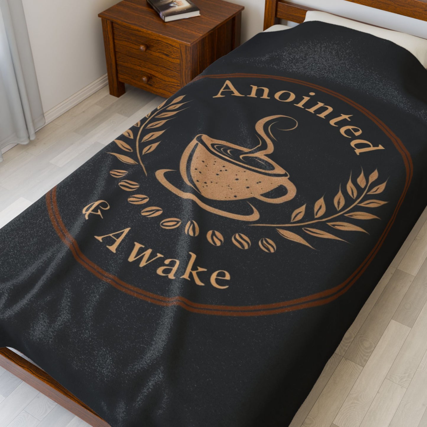 Cozy Velveteen Plush Blanket - Anointed & Awake, Coffee Lover Gift, Warm Home Decor, Ideal for Relaxation, Snuggle Up This Winter
