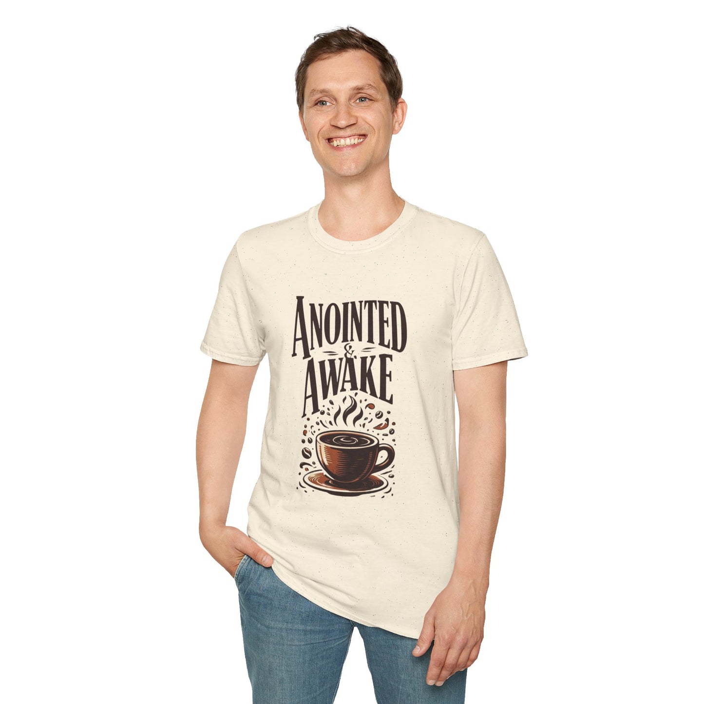 Coffee Lovers Unisex T-Shirt | Anointed & Awake Graphic Tee for Gift, Everyday Wear, Casual Style, Spiritual Motivational Shirt