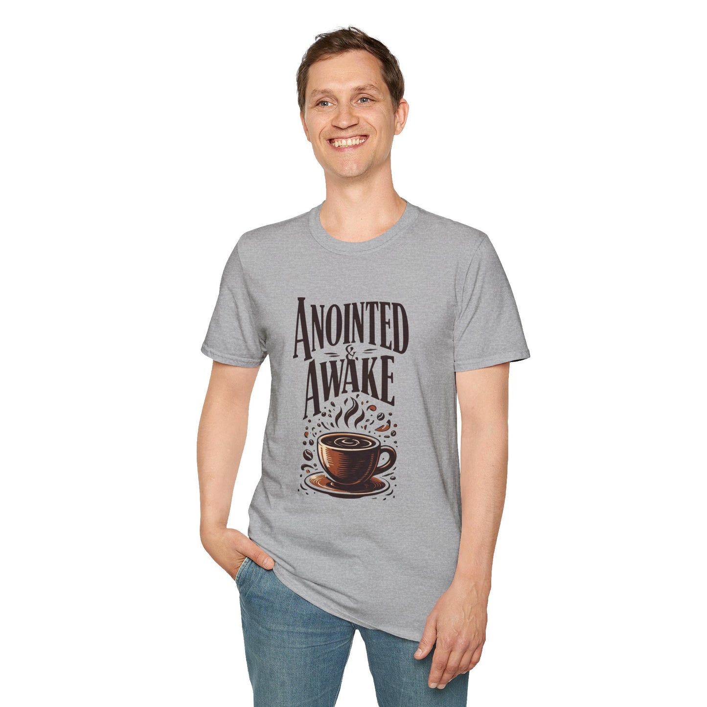 Coffee Lovers Unisex T-Shirt | Anointed & Awake Graphic Tee for Gift, Everyday Wear, Casual Style, Spiritual Motivational Shirt