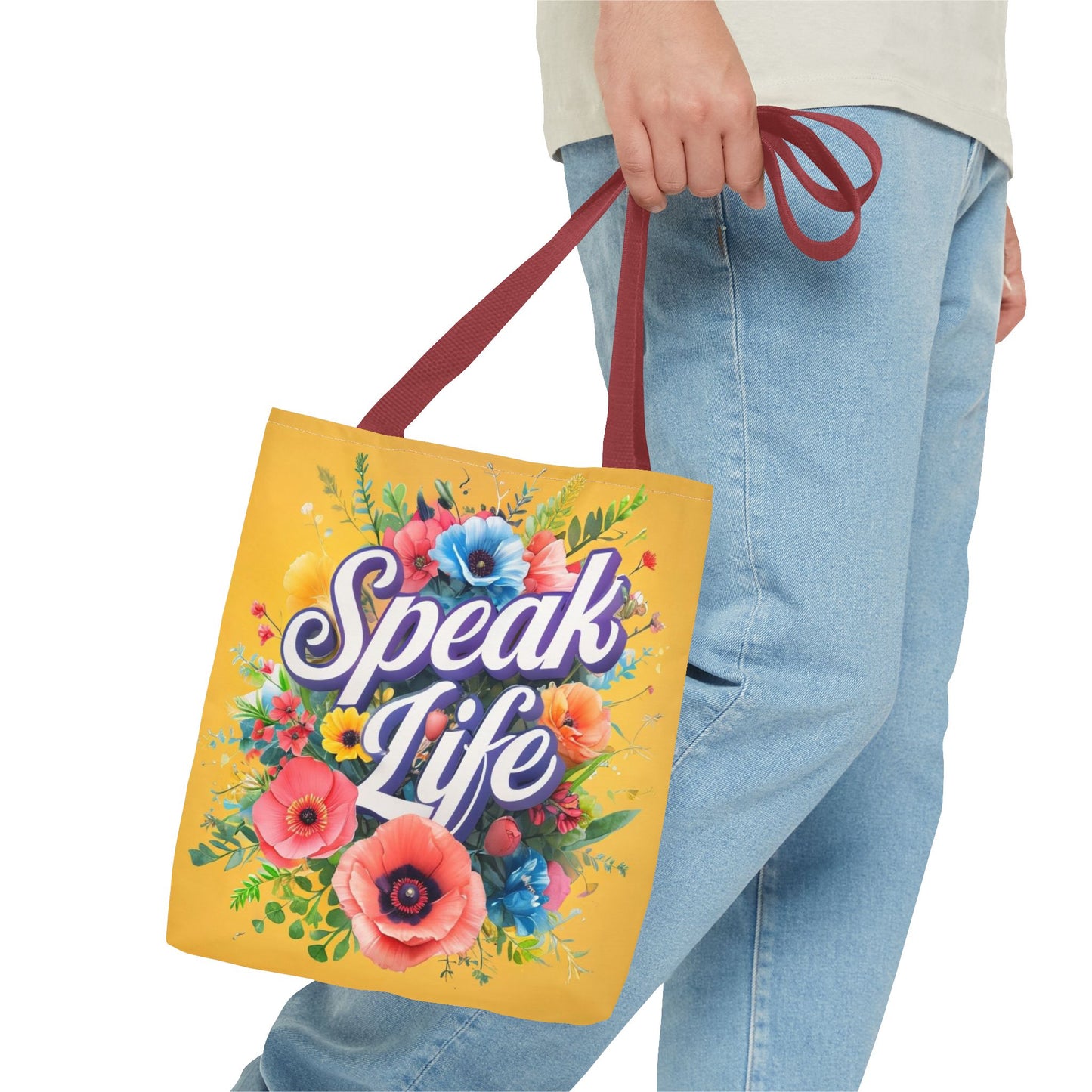Vibrant Floral Tote Bag - Speak Life, Eco-Friendly Shopping Bag, Gift for Her, Beach Bag, Inspirational Quote Accessory