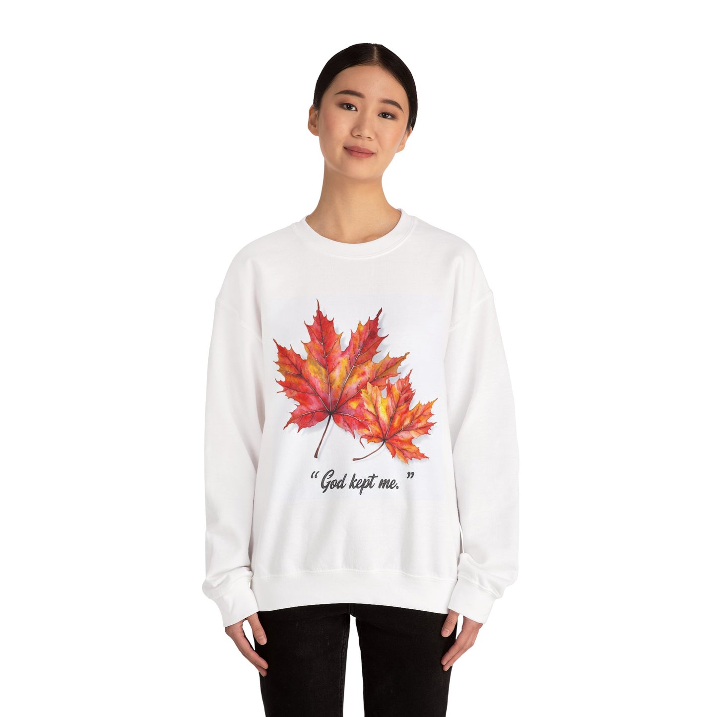 Autumn Leaves Sweatshirt - "A God Kept Me" - Cozy Unisex Crewneck, Fall Gift, Inspirational Apparel, Casual Wear