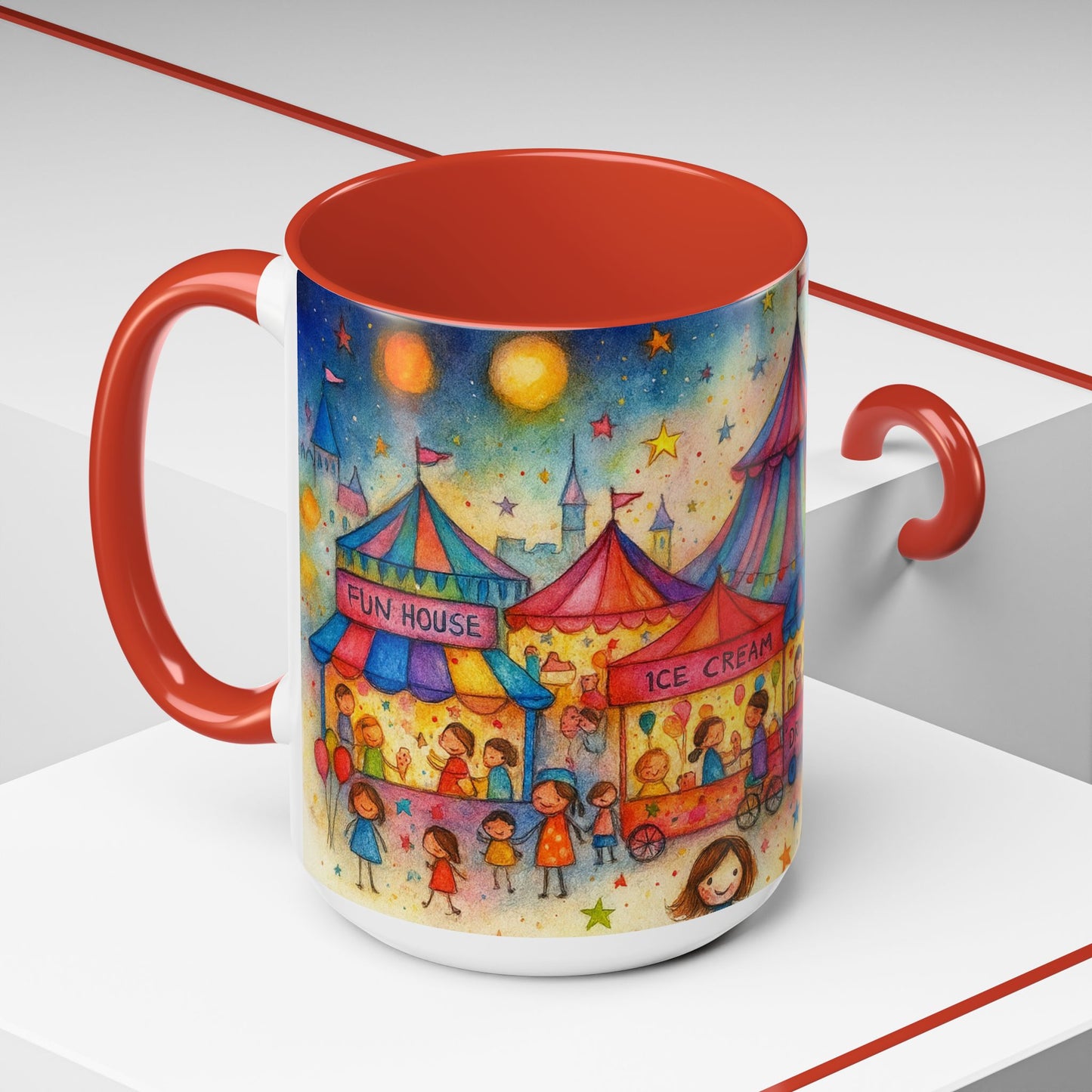 Whimsical Carnival Mug with Colorful Fairground Design, Perfect for Coffee Lovers, Gifts for Festivals, Cute Art Mug, Tea Cup