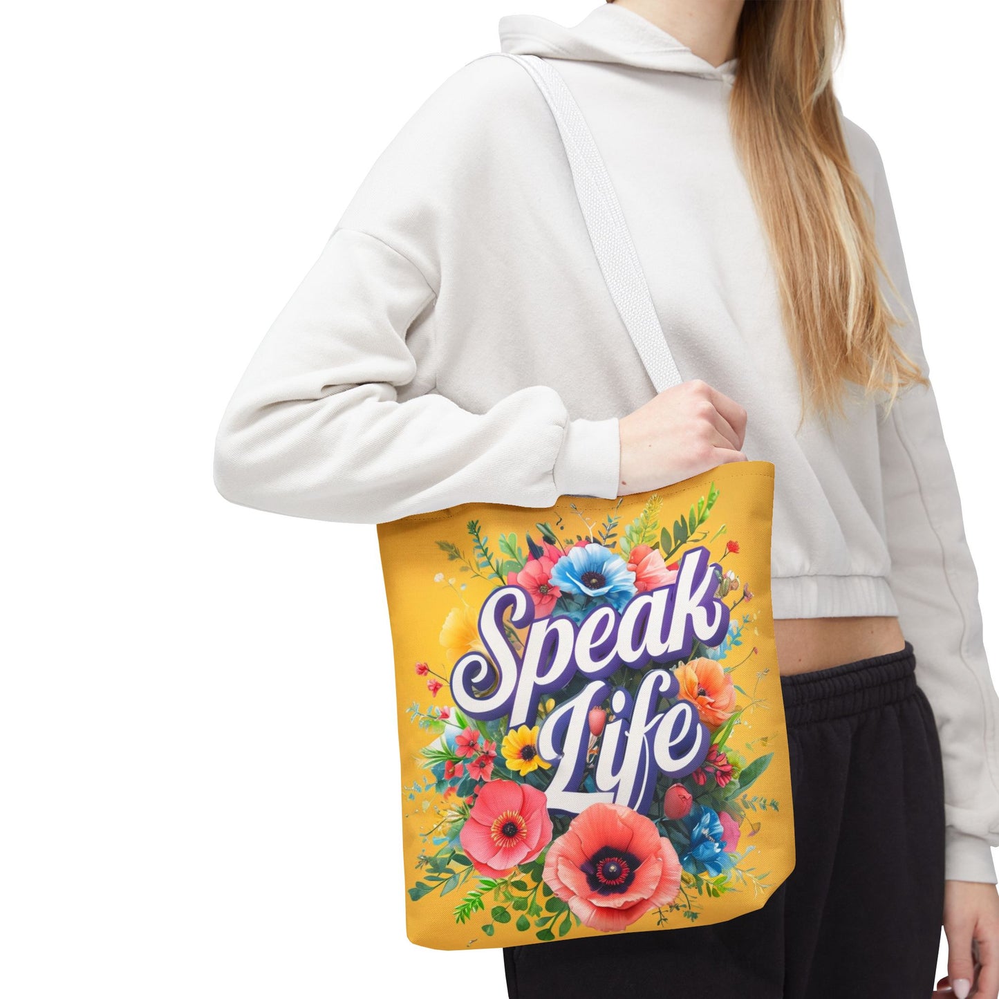 Vibrant Floral Tote Bag - Speak Life, Eco-Friendly Shopping Bag, Gift for Her, Beach Bag, Inspirational Quote Accessory
