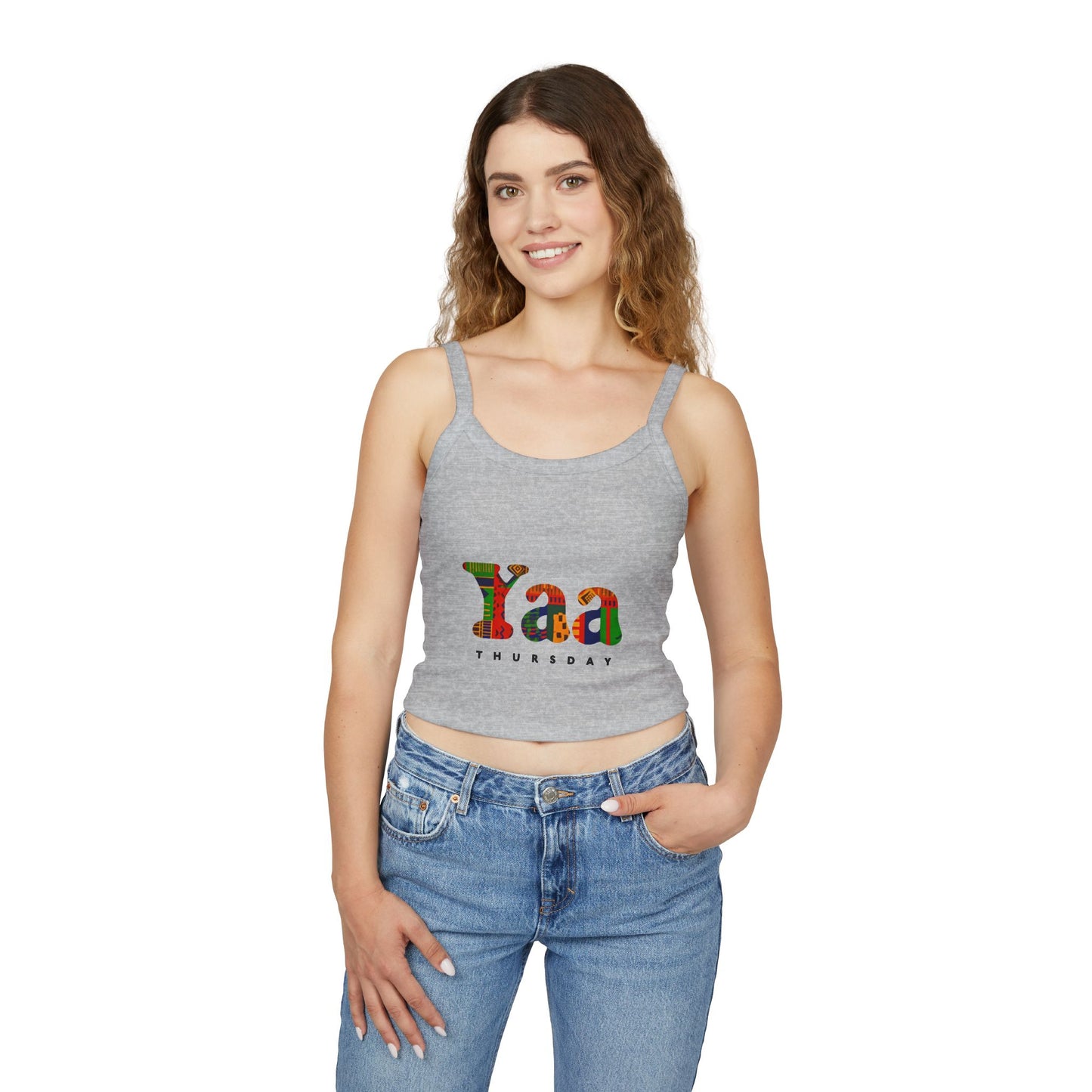 Colorful 'Yaa Thursday' Women's Spaghetti Strap Tank Top, Casual Summer Apparel, Graphic Tees, Festival Fashion, Bohemian Style