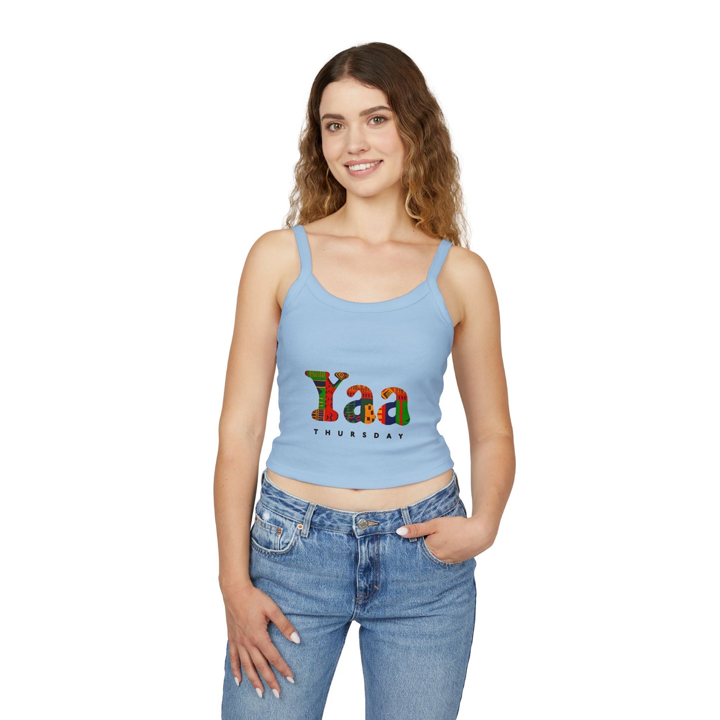 Colorful 'Yaa Thursday' Women's Spaghetti Strap Tank Top, Casual Summer Apparel, Graphic Tees, Festival Fashion, Bohemian Style
