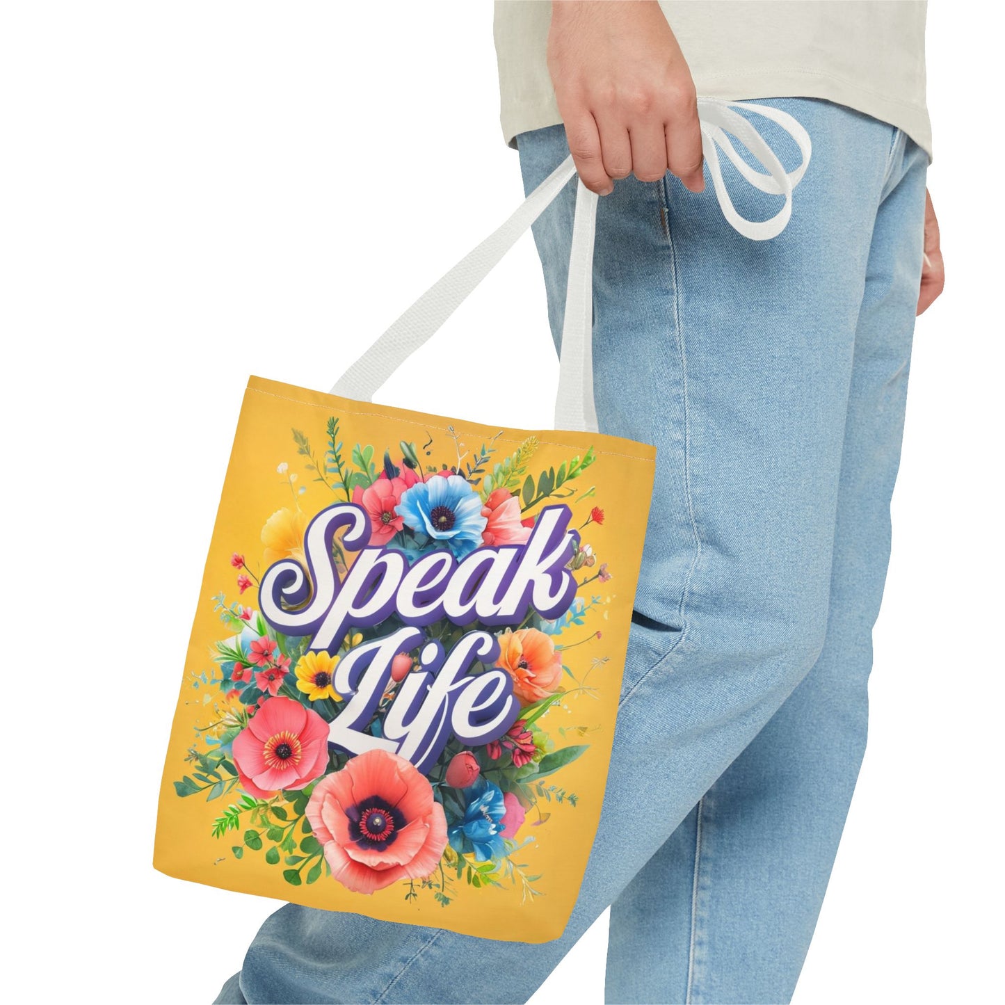 Vibrant Floral Tote Bag - Speak Life, Eco-Friendly Shopping Bag, Gift for Her, Beach Bag, Inspirational Quote Accessory