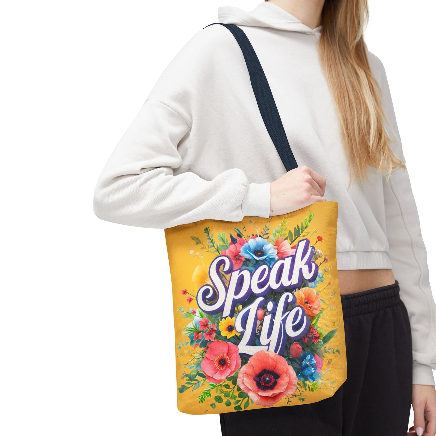 Vibrant Floral Tote Bag - Speak Life, Eco-Friendly Shopping Bag, Gift for Her, Beach Bag, Inspirational Quote Accessory
