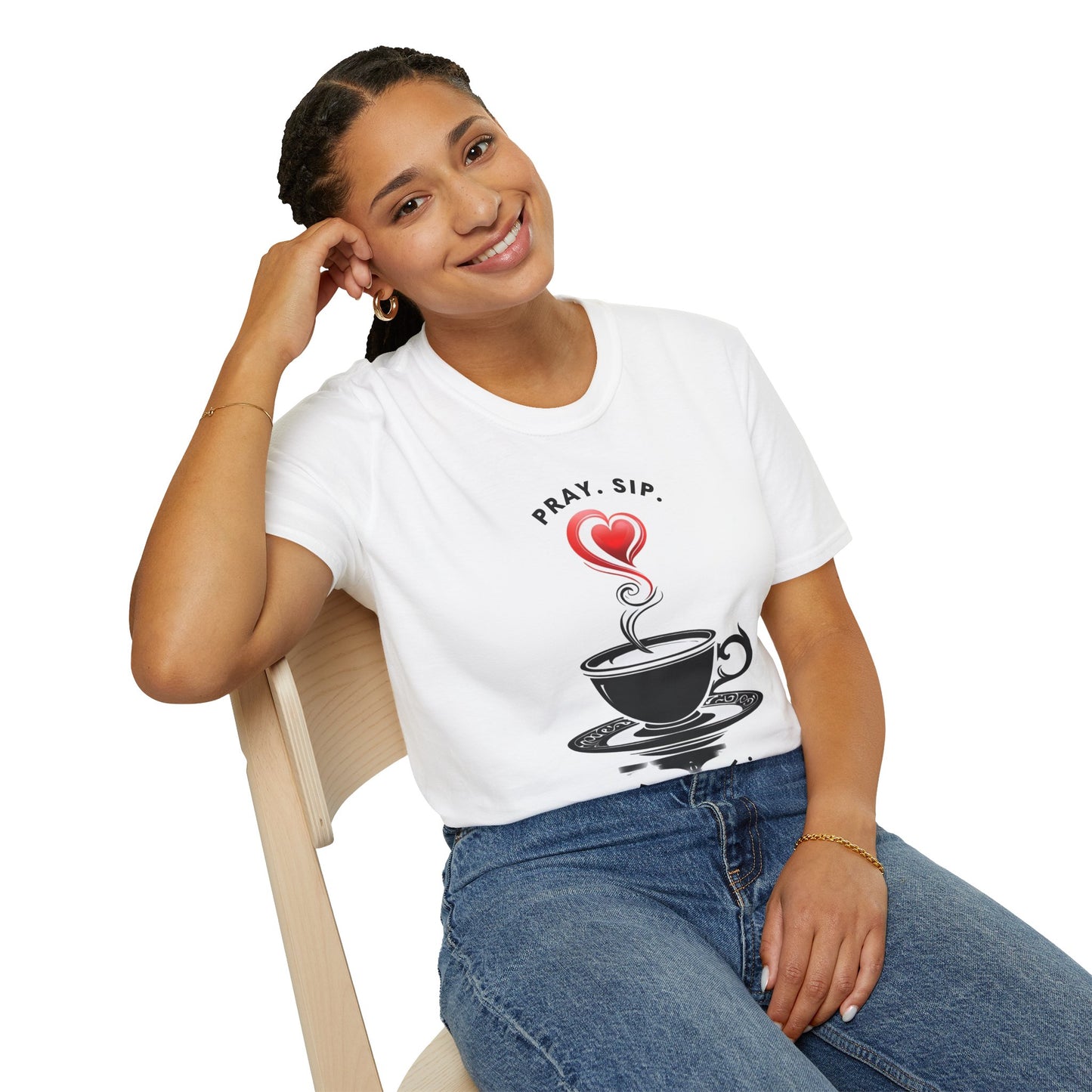 Inspirational Coffee T-Shirt, Pray Sip Repeat Tee, Unisex Softstyle Shirt, Gift for Coffee Lovers, Relaxed Everyday Wear