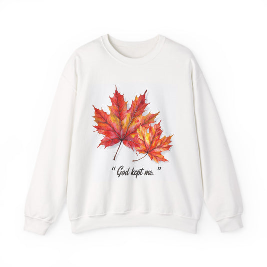 Autumn Leaves Sweatshirt - "A God Kept Me" - Cozy Unisex Crewneck, Fall Gift, Inspirational Apparel, Casual Wear