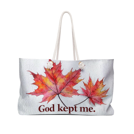 Autumn Inspiration Weekender Bag, Fall Travel Tote, Inspirational Quotes Bag, Seasonal Getaway Bag, God Kept Me Design