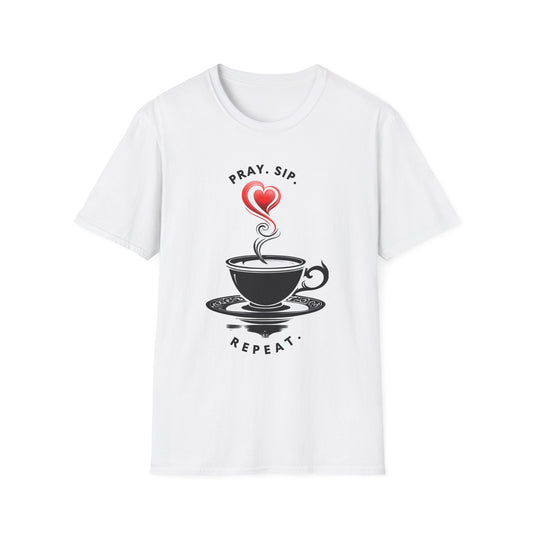 Inspirational Coffee T-Shirt, Pray Sip Repeat Tee, Unisex Softstyle Shirt, Gift for Coffee Lovers, Relaxed Everyday Wear