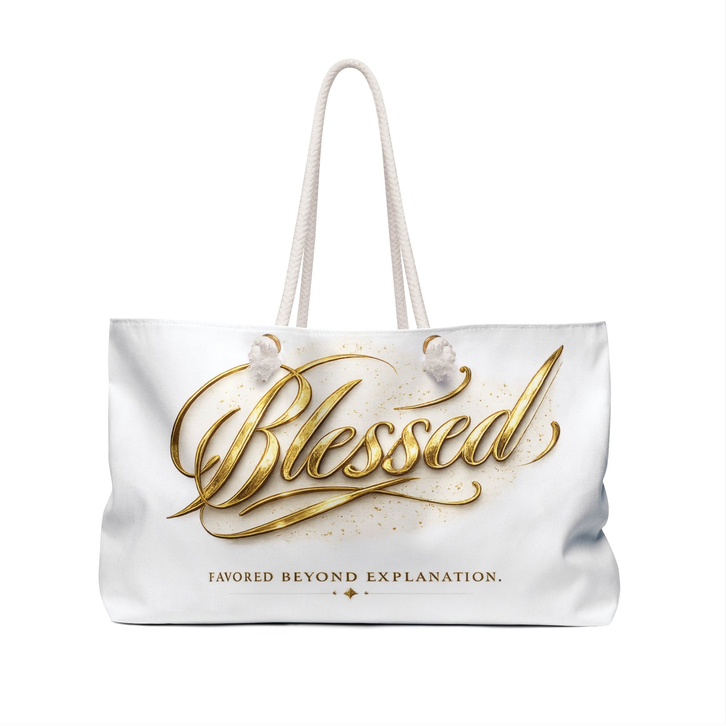 Blessed Weekender Bag — Gold Script 'Favored Beyond Explanation' Travel Tote