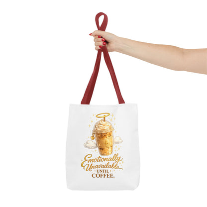 Coffee Tote Bag — "Emotionally Unavailable Until Coffee" Cute Golden Frappe Design