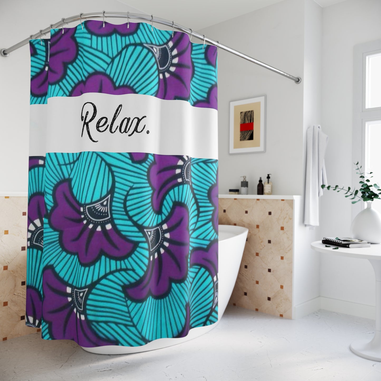 Vibrant Floral Shower Curtain with 'Relax.' Message, Bathroom Decor, Boho Style, Spa Home Accessory, Gift for Her, Relaxation Decor