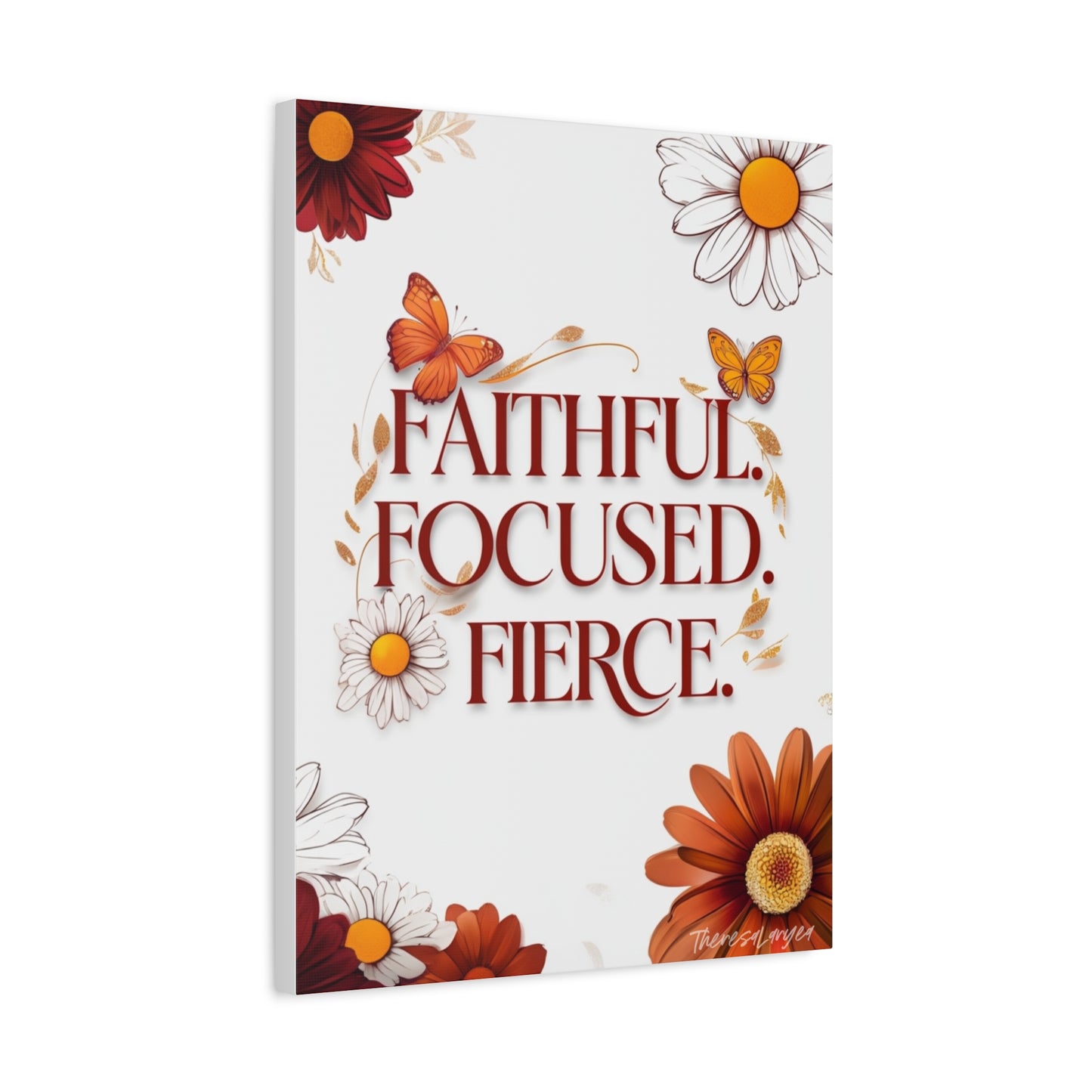 Inspirational Wall Art Canvas, Faithful Focused Fierce Decor, Motivational Gift, Home Office Wall Decor, Floral Design Art