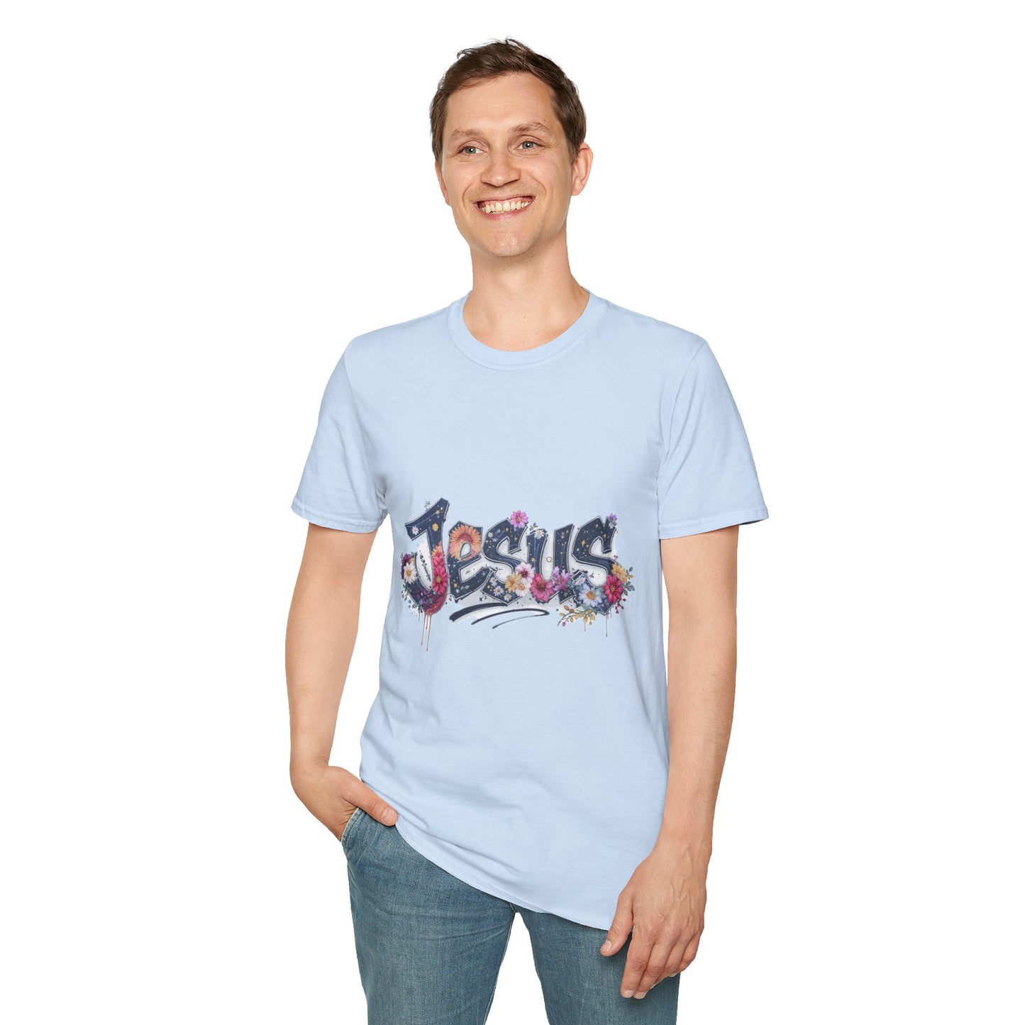 Colorful Jesus Grafitti T-Shirt, Unisex Softstyle Tee, Casual Faith-Based Apparel, Christian Gift, Inspirational Shirt