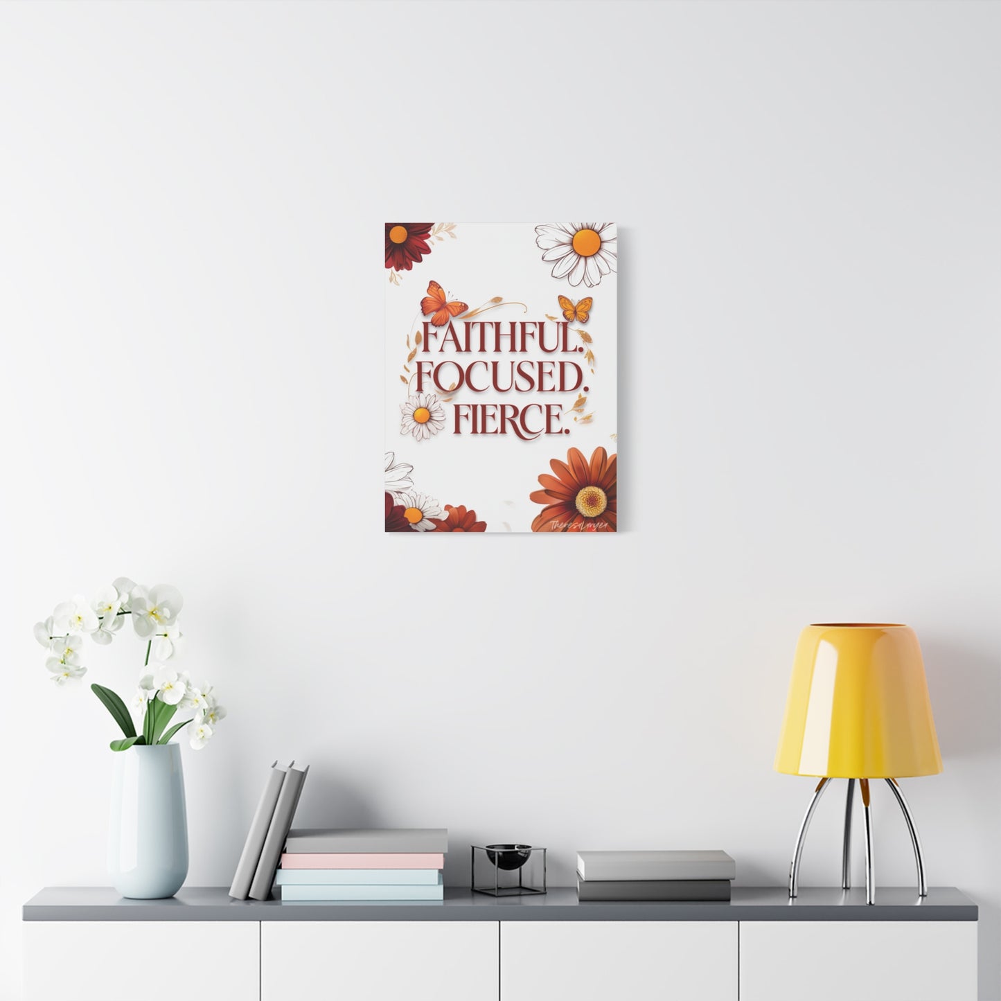 Inspirational Wall Art Canvas, Faithful Focused Fierce Decor, Motivational Gift, Home Office Wall Decor, Floral Design Art