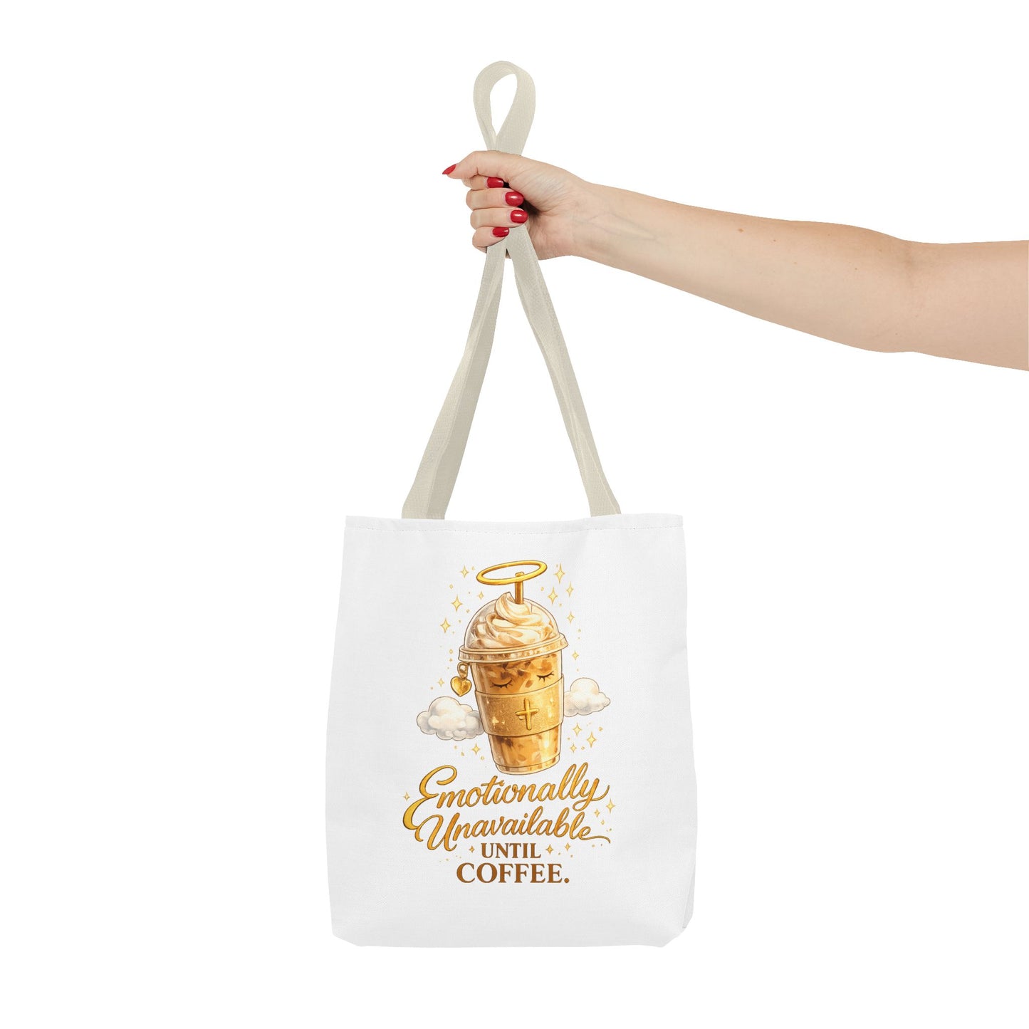Coffee Tote Bag — "Emotionally Unavailable Until Coffee" Cute Golden Frappe Design
