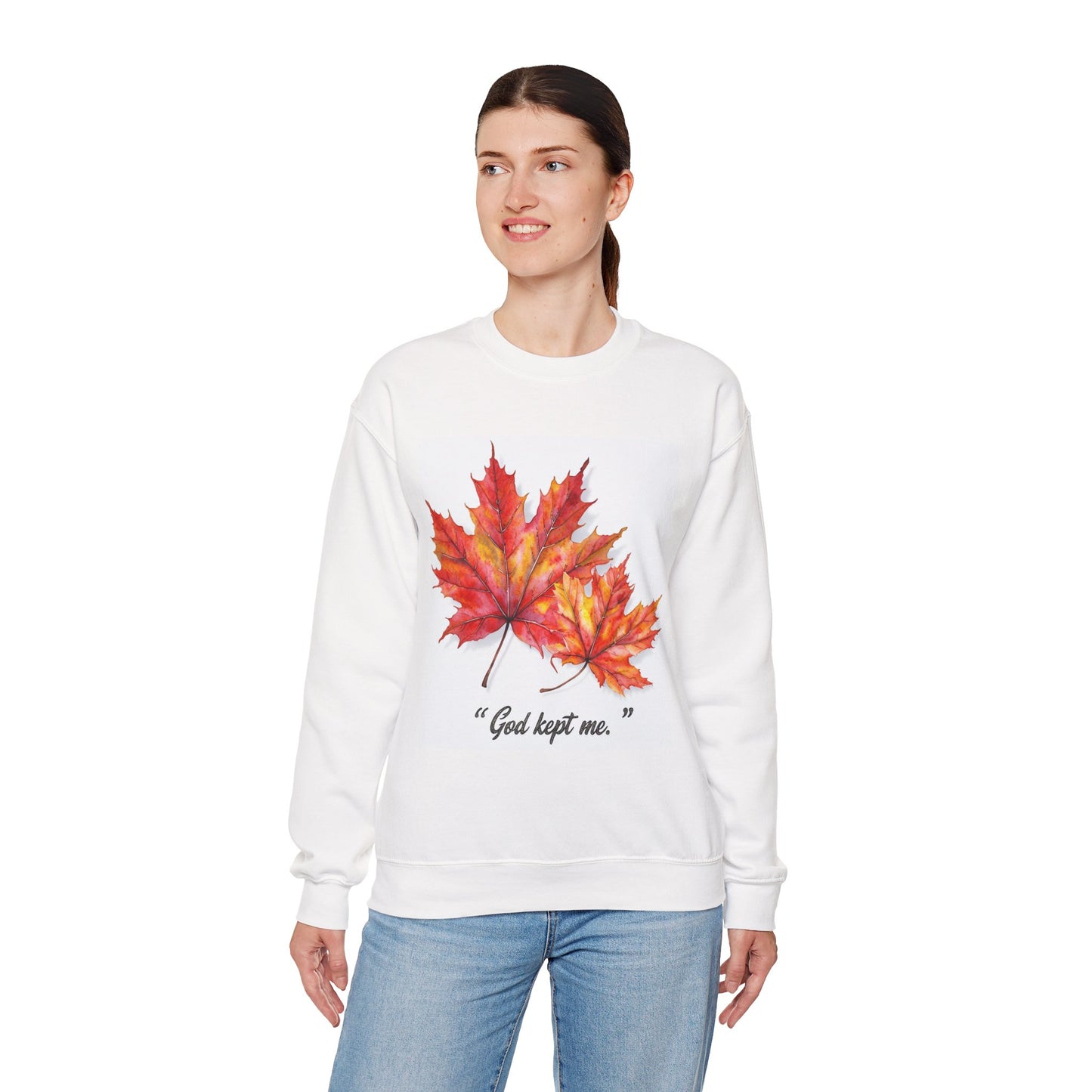 Autumn Leaves Sweatshirt - "A God Kept Me" - Cozy Unisex Crewneck, Fall Gift, Inspirational Apparel, Casual Wear