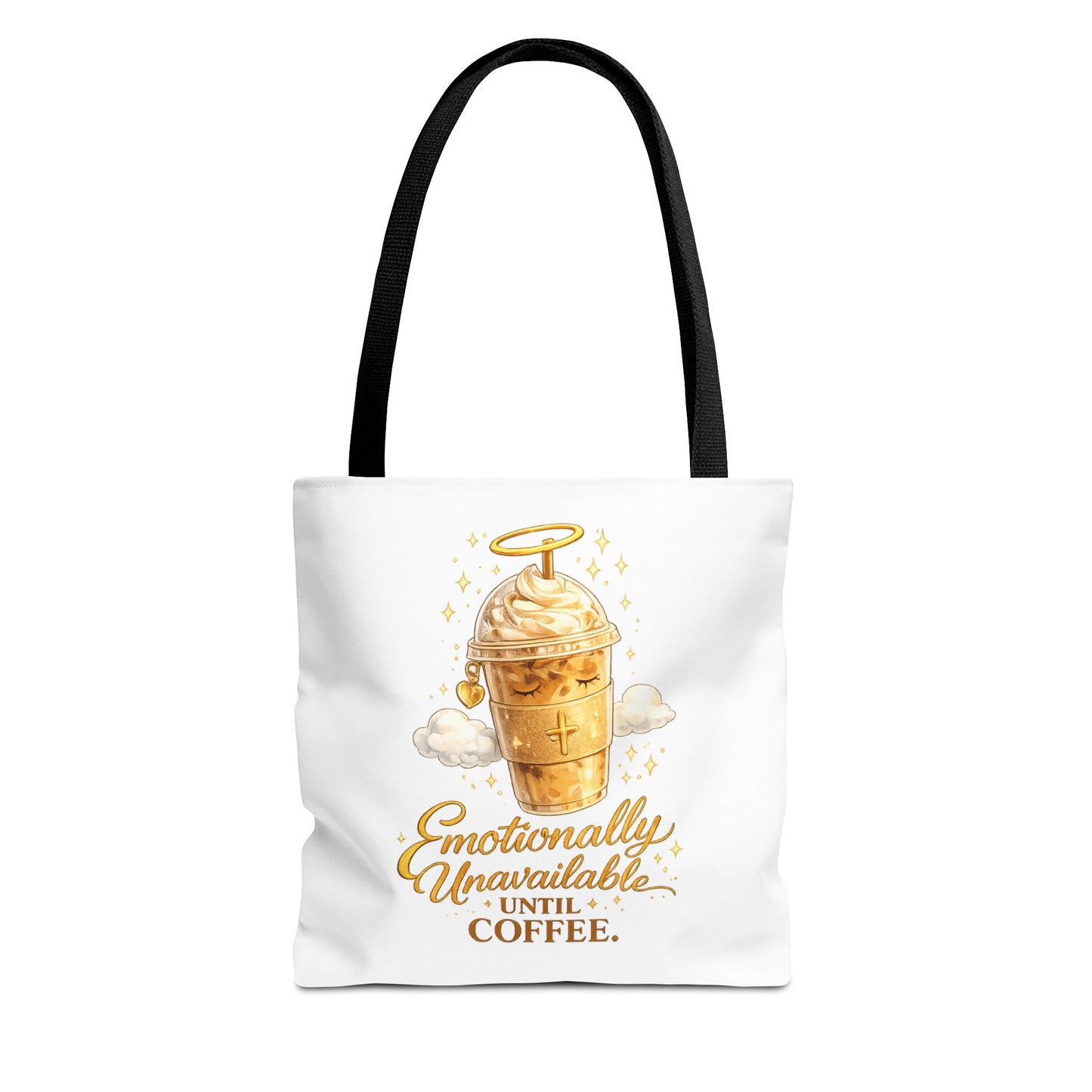 Coffee Tote Bag — "Emotionally Unavailable Until Coffee" Cute Golden Frappe Design
