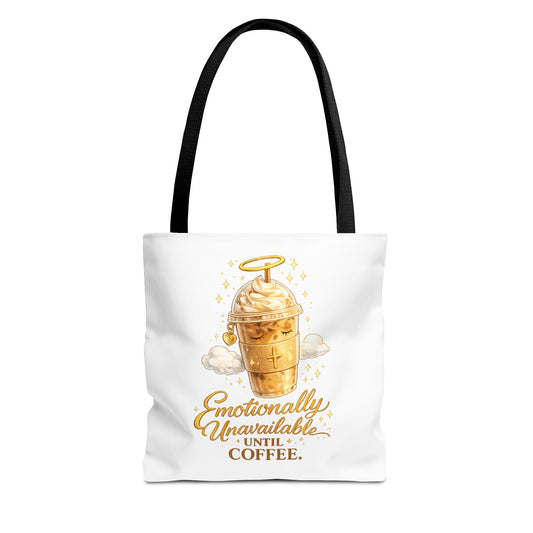 Coffee Tote Bag — "Emotionally Unavailable Until Coffee" Cute Golden Frappe Design