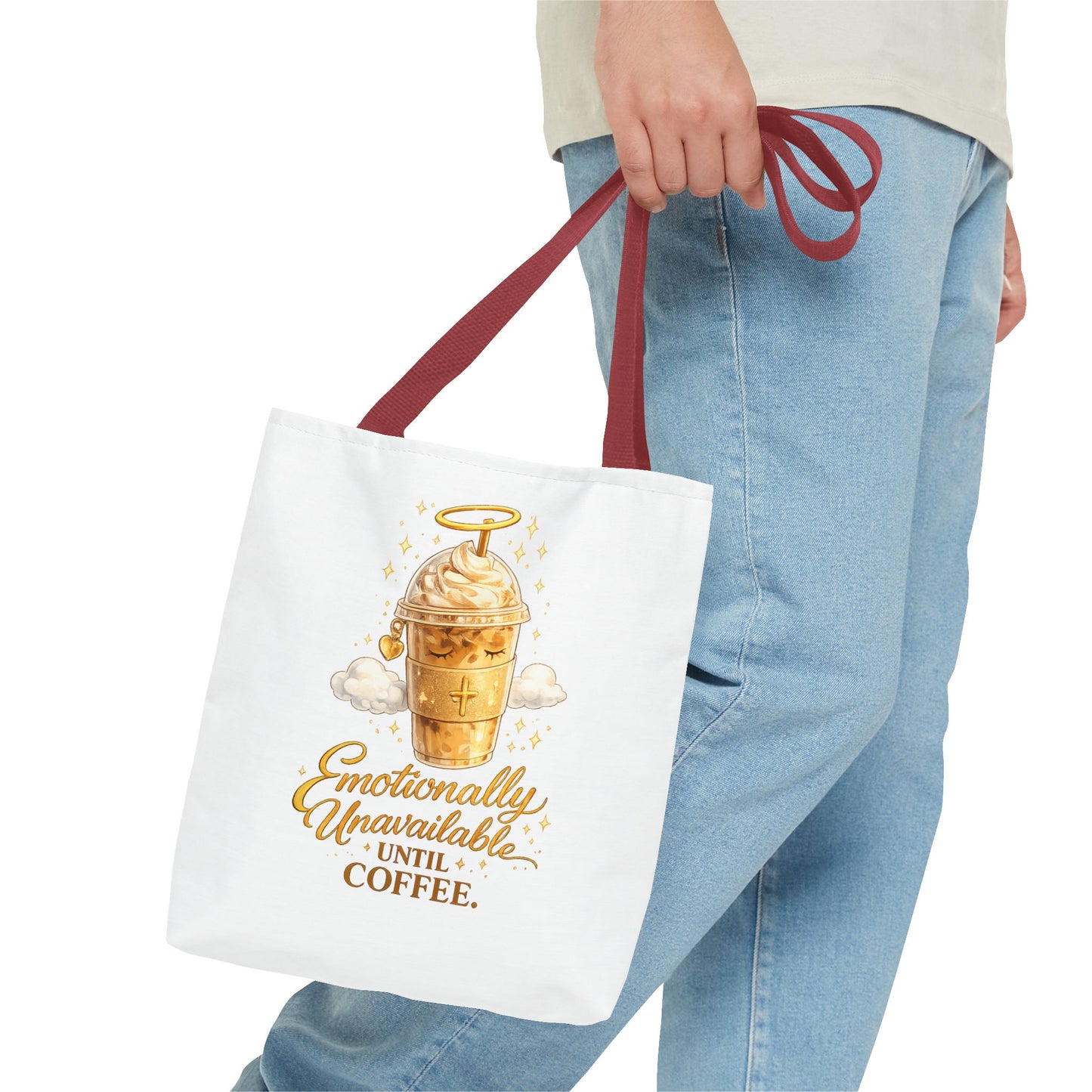 Coffee Tote Bag — "Emotionally Unavailable Until Coffee" Cute Golden Frappe Design
