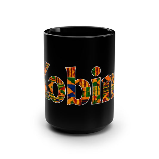 Kente Name Black Mug — Personalized "Kobina" 15oz African Print Coffee Cup