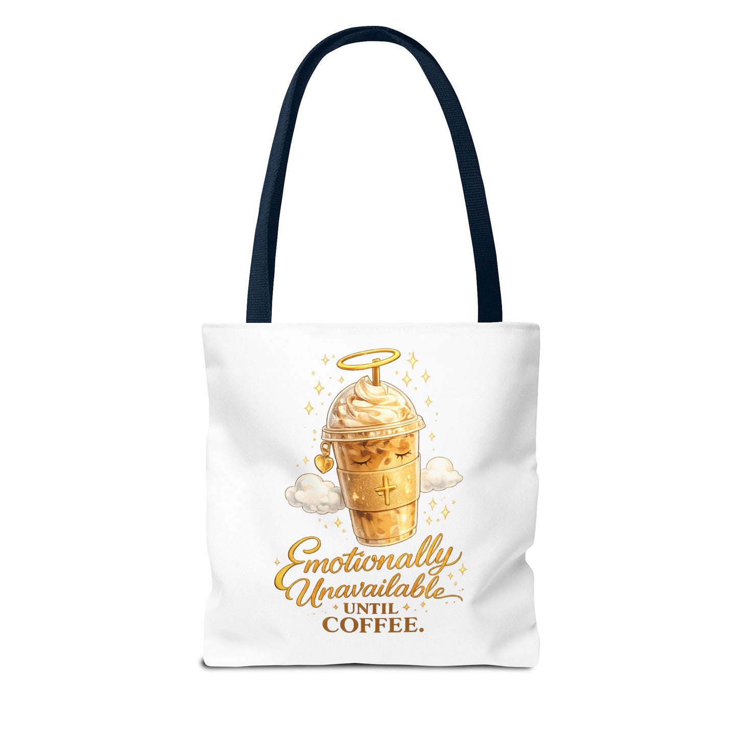 Coffee Tote Bag — "Emotionally Unavailable Until Coffee" Cute Golden Frappe Design
