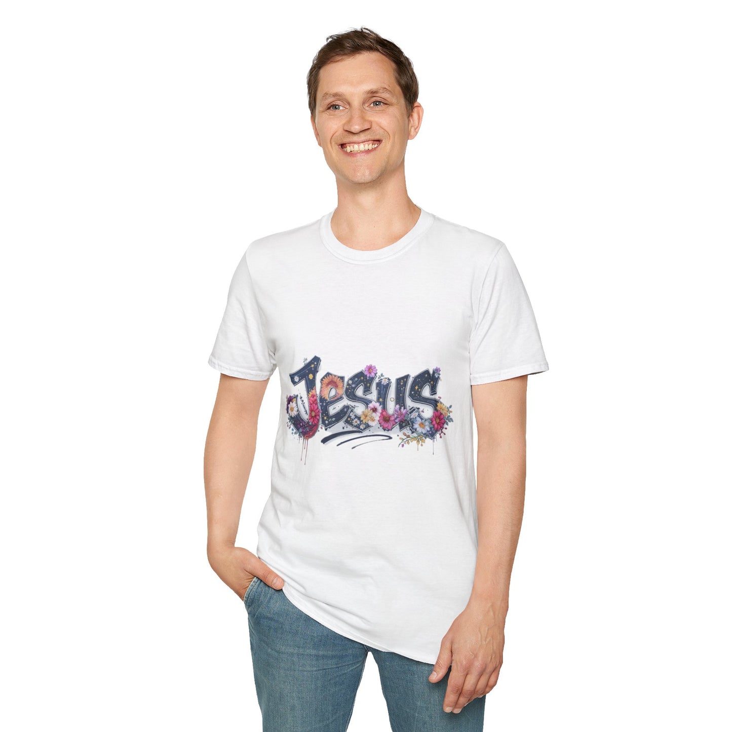 Colorful Jesus Grafitti T-Shirt, Unisex Softstyle Tee, Casual Faith-Based Apparel, Christian Gift, Inspirational Shirt