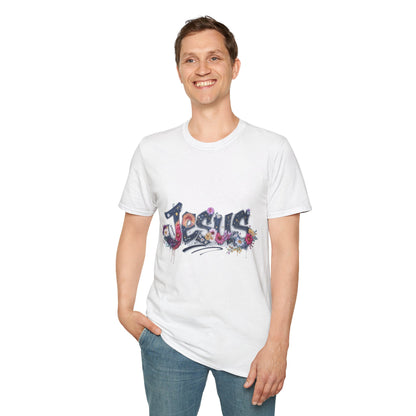 Colorful Jesus Grafitti T-Shirt, Unisex Softstyle Tee, Casual Faith-Based Apparel, Christian Gift, Inspirational Shirt