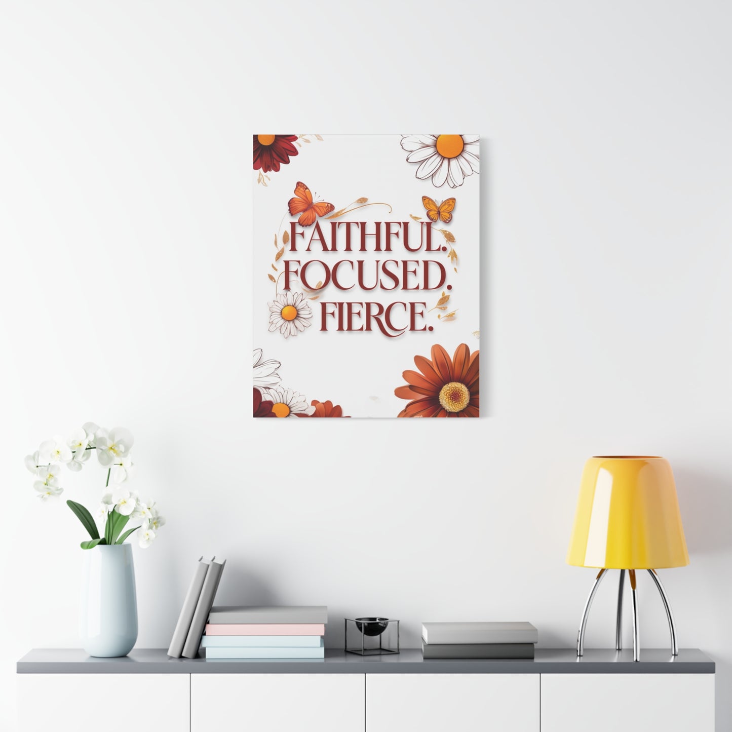 Inspirational Wall Art Canvas, Faithful Focused Fierce Decor, Motivational Gift, Home Office Wall Decor, Floral Design Art