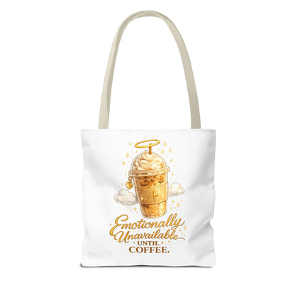 Coffee Tote Bag — "Emotionally Unavailable Until Coffee" Cute Golden Frappe Design