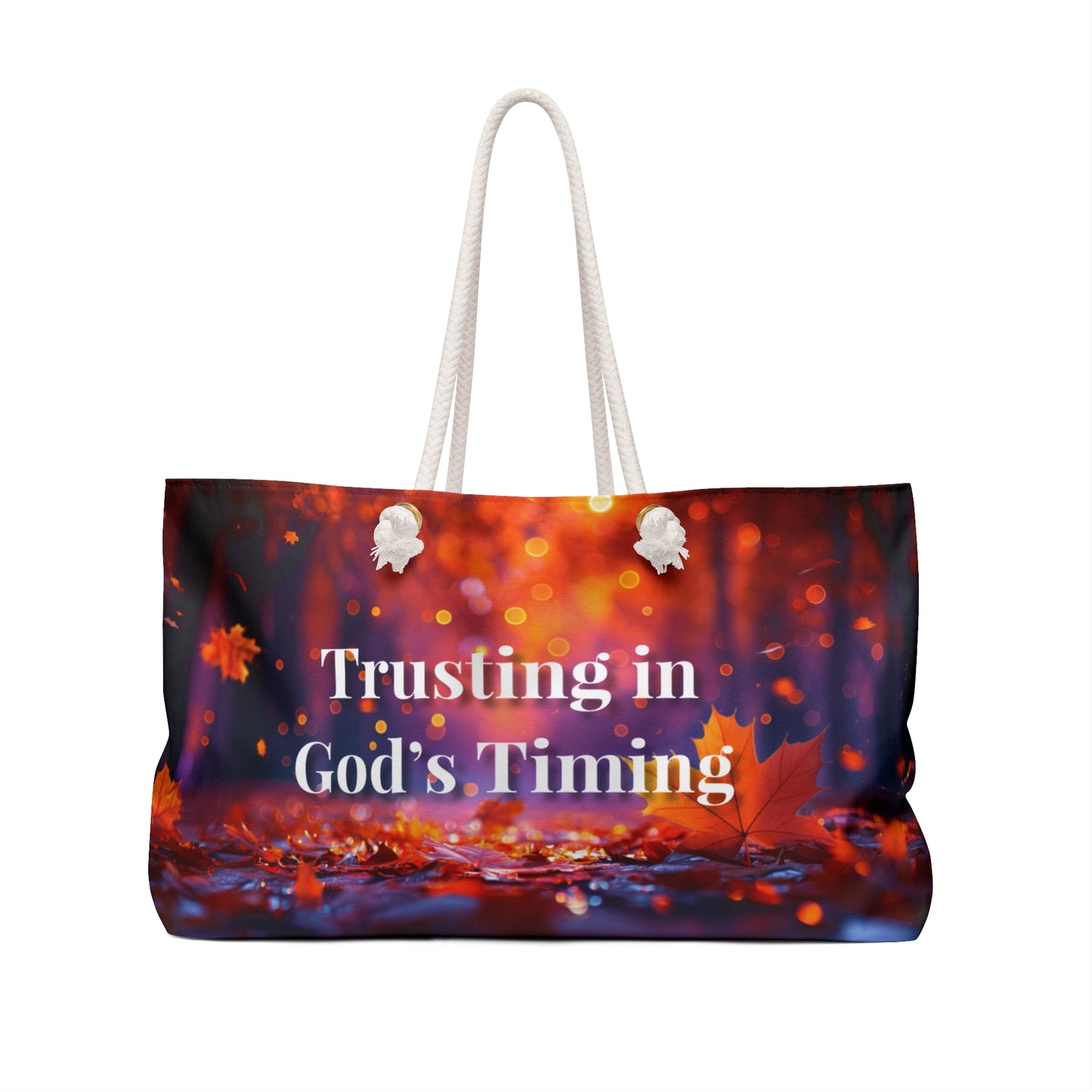 Inspirational Weekender Bag - Trusting in God's Timing, Travel Tote, Fall Bag, Gift for Faith Lovers, Weekend Getaway Essential