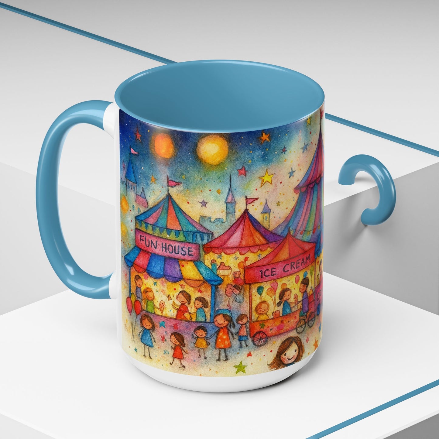 Whimsical Carnival Mug with Colorful Fairground Design, Perfect for Coffee Lovers, Gifts for Festivals, Cute Art Mug, Tea Cup
