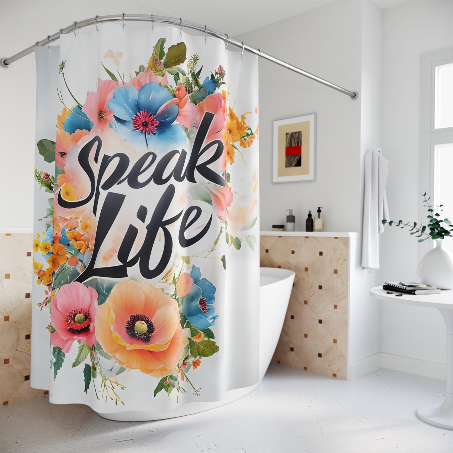 Floral Inspirational Shower Curtain, Motivational Bathroom Decor, Boho Chic Home Accent, Gift for Her, Spring Decor