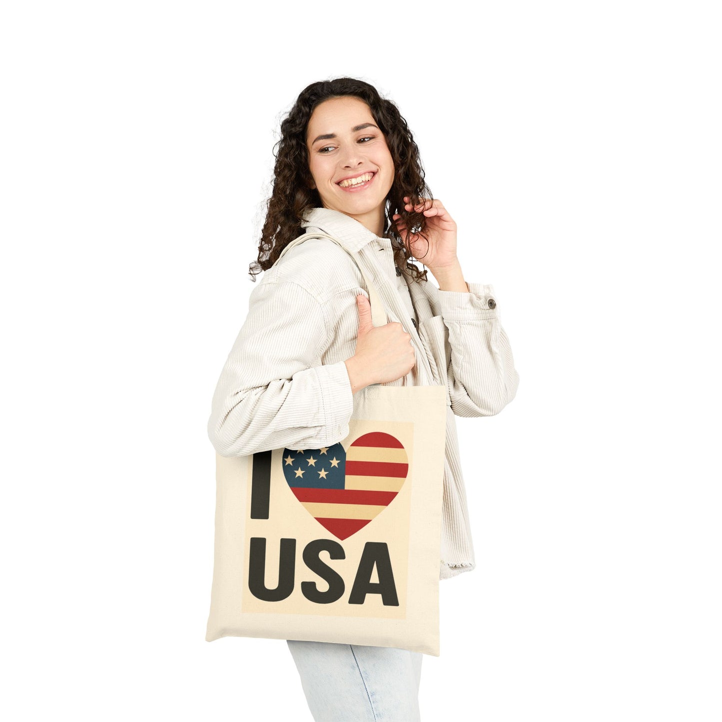 Patriotic Canvas Tote Bag - I Love USA, Eco-Friendly Shopping Bag, Beach Tote, Travel Bag, Gift for Independence Day