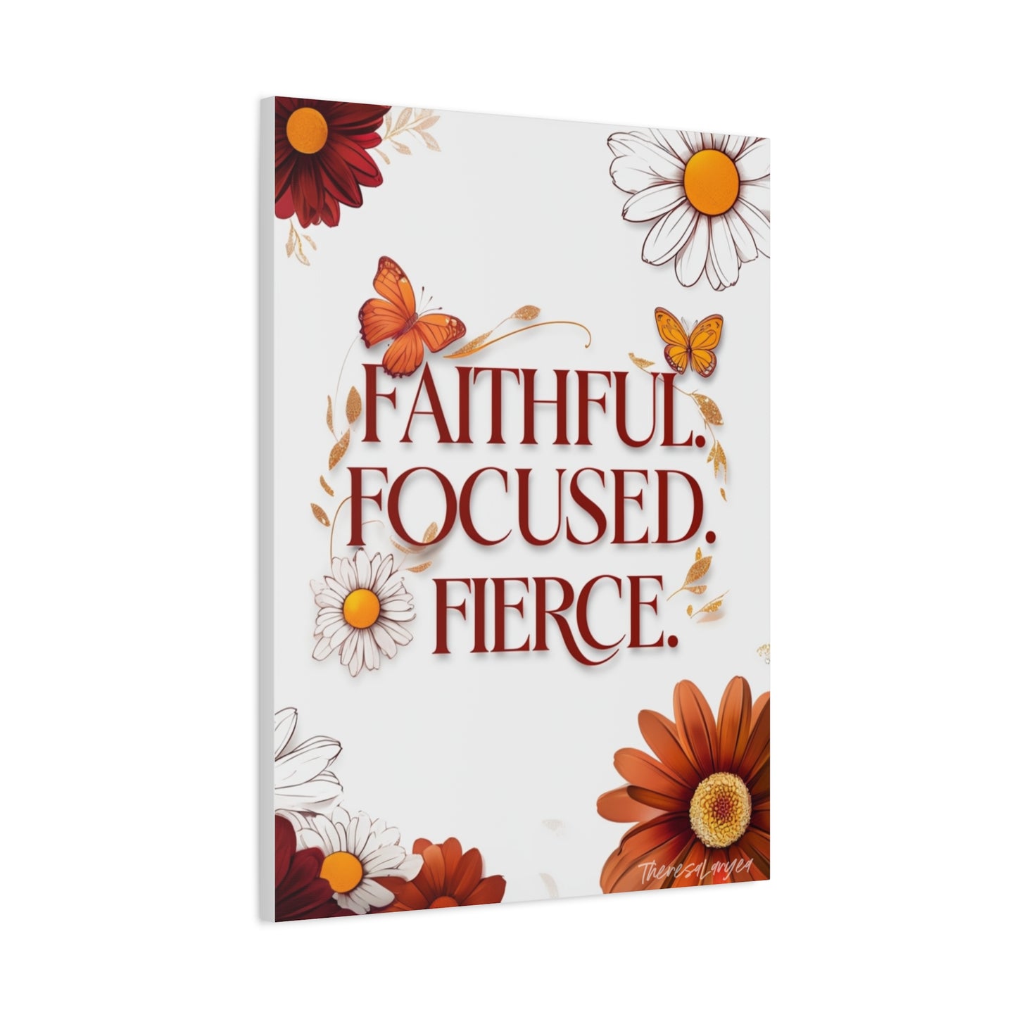Inspirational Wall Art Canvas, Faithful Focused Fierce Decor, Motivational Gift, Home Office Wall Decor, Floral Design Art