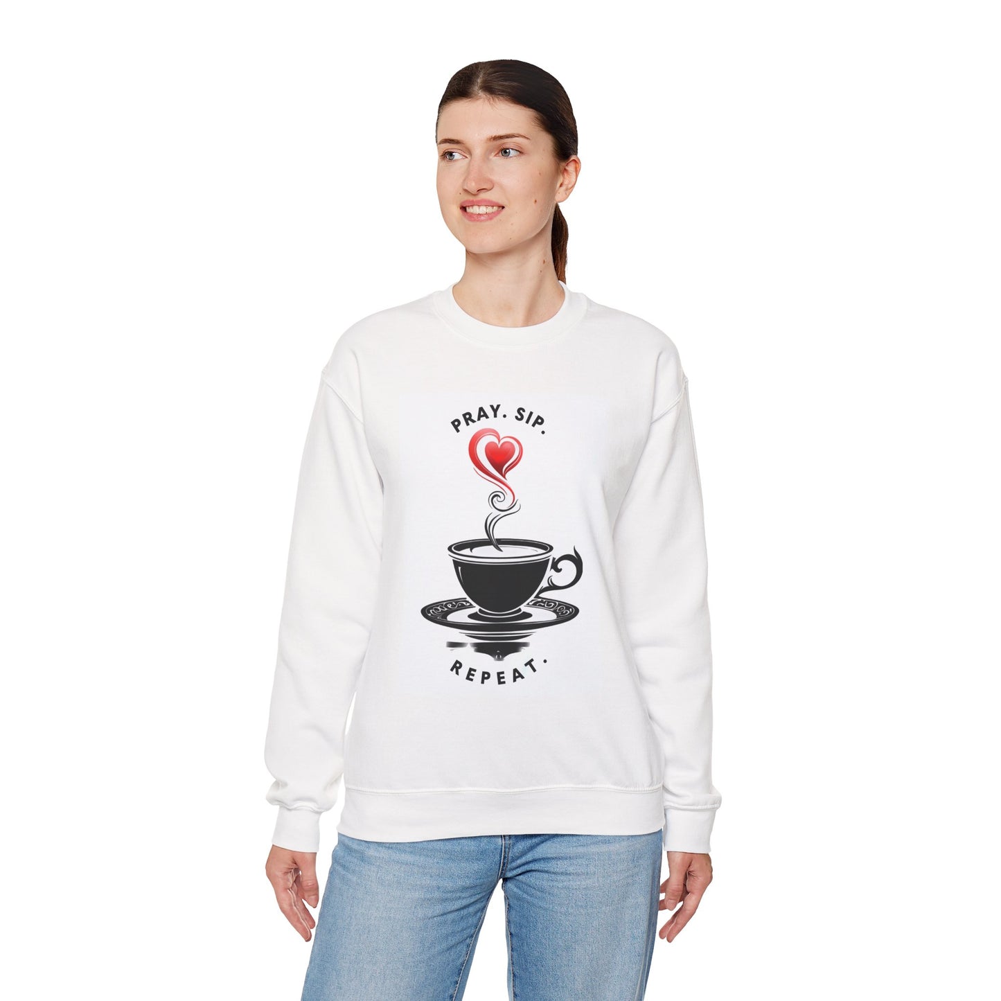 Cozy Coffee Lover Crewneck Sweatshirt - Pray Sip Repeat, Relaxed Fit Gift, Perfect for Coffee Lovers, Casual Cozy Wear, Thoughtful Gift Idea