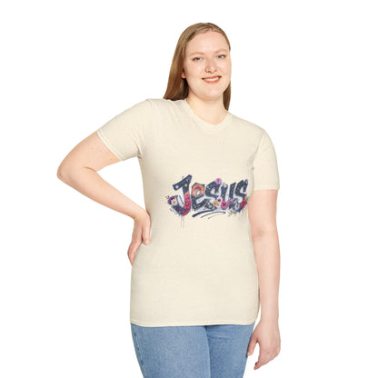 Colorful Jesus Grafitti T-Shirt, Unisex Softstyle Tee, Casual Faith-Based Apparel, Christian Gift, Inspirational Shirt