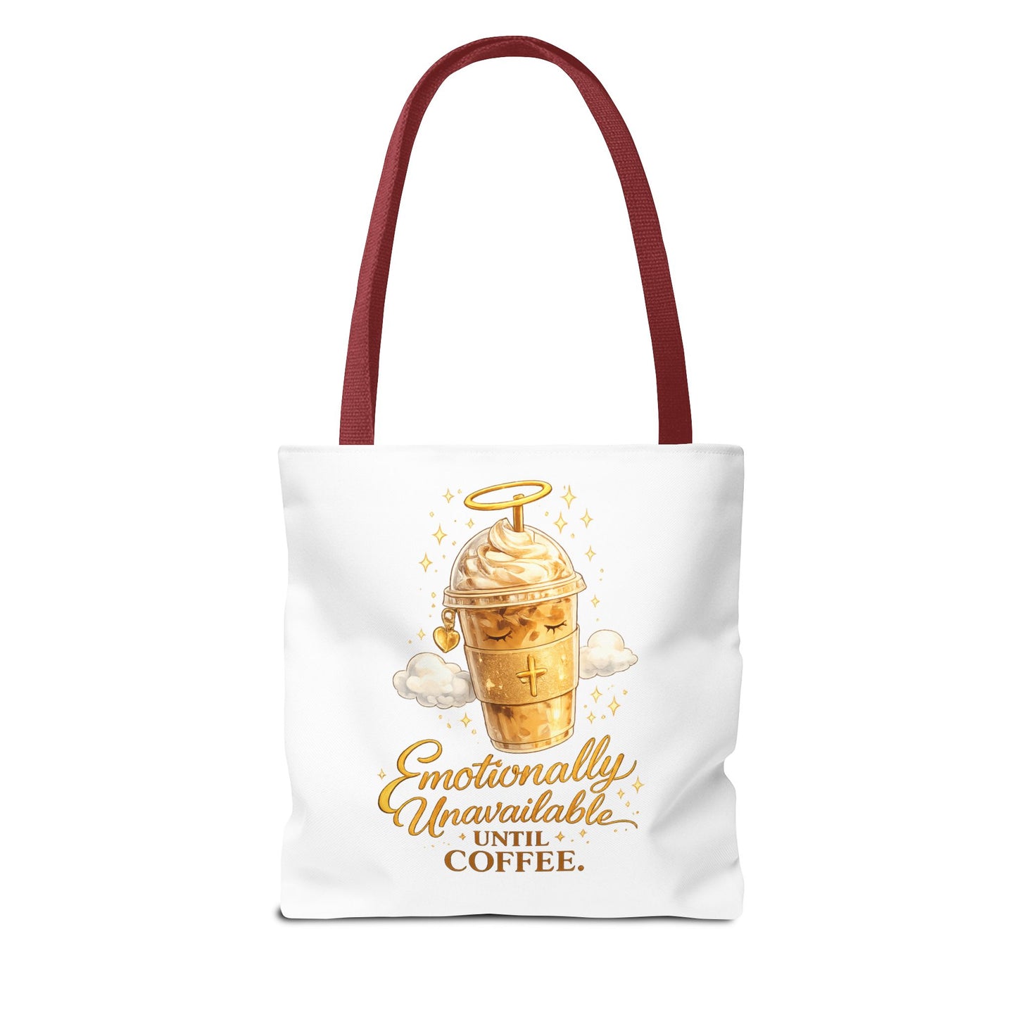 Coffee Tote Bag — "Emotionally Unavailable Until Coffee" Cute Golden Frappe Design