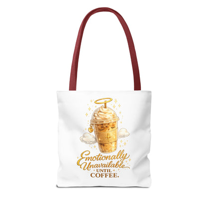 Coffee Tote Bag — "Emotionally Unavailable Until Coffee" Cute Golden Frappe Design