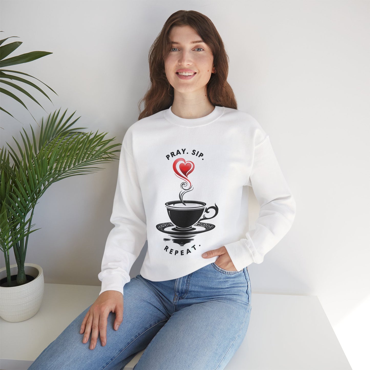 Cozy Coffee Lover Crewneck Sweatshirt - Pray Sip Repeat, Relaxed Fit Gift, Perfect for Coffee Lovers, Casual Cozy Wear, Thoughtful Gift Idea
