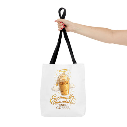 Coffee Tote Bag — "Emotionally Unavailable Until Coffee" Cute Golden Frappe Design