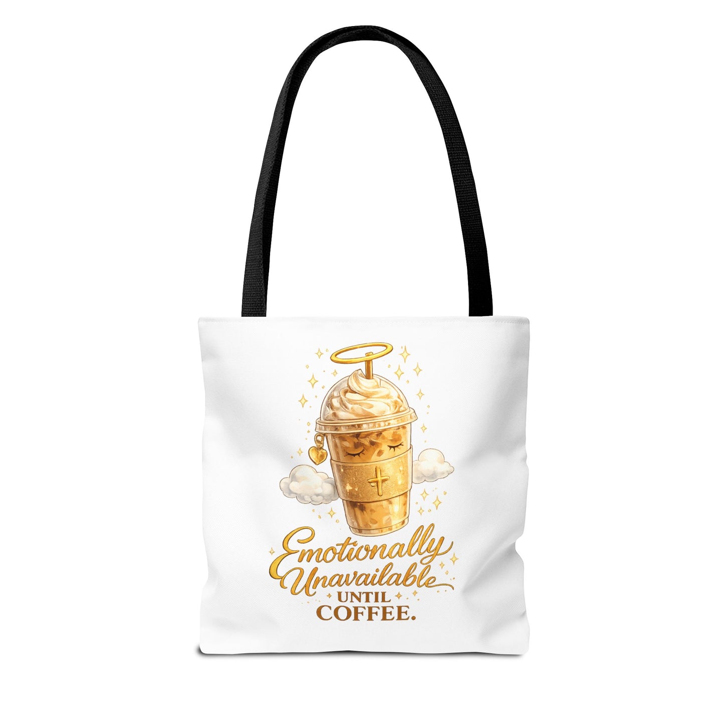 Coffee Tote Bag — "Emotionally Unavailable Until Coffee" Cute Golden Frappe Design